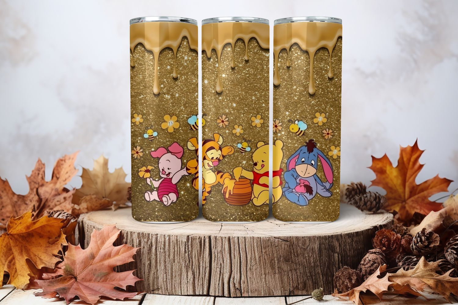 20oz Skinny Sublimation Tumbler Wrap Print - Winnie The Pooh &amp; Friends Gold Drip
