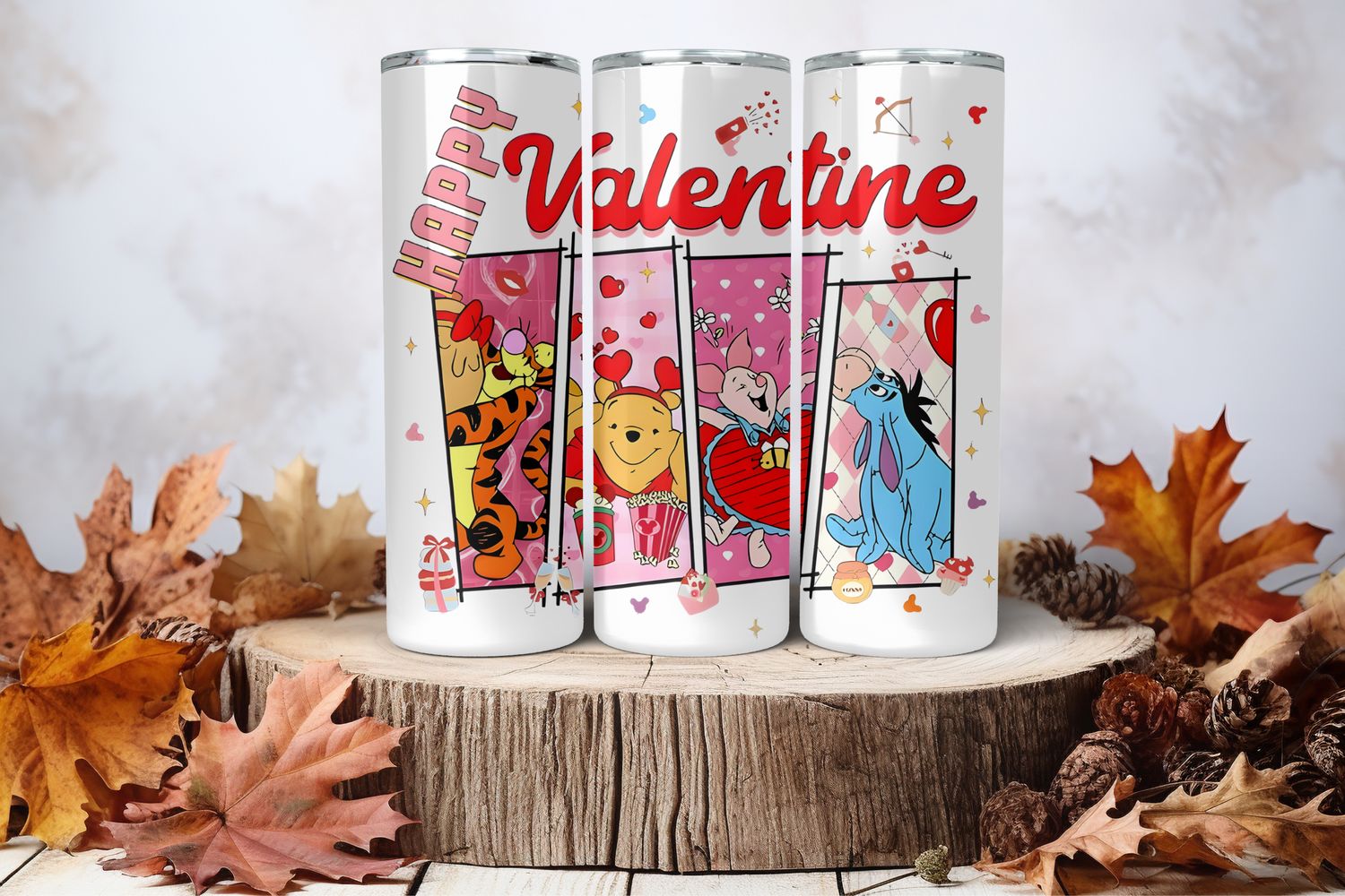 20oz Skinny Sublimation Tumbler Wrap Print - Winnie The Pooh Happy Valentine Rectangles