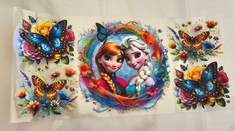 Double Sided Uv Dtf Wrap - Frozen Elsa &amp; Anna Blue &amp; Yellow Butterfly