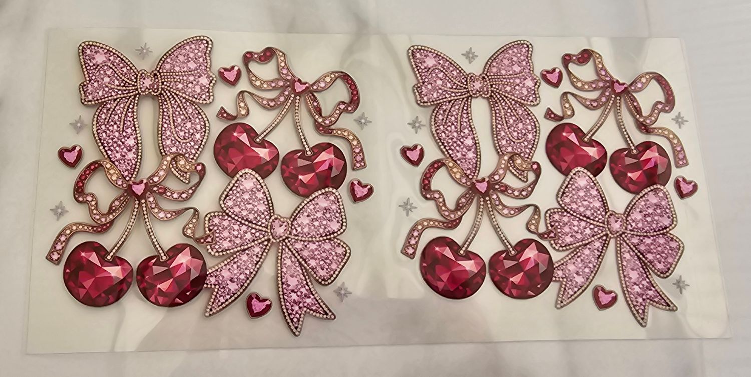 Double Sided Uv Dtf Wrap - Sparkly Pink Bows &amp; Cherries