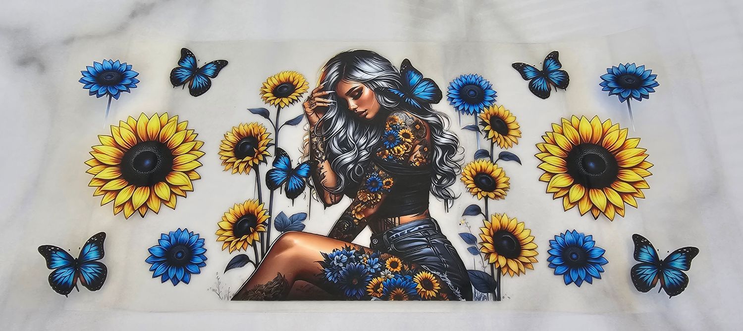 Double Sided Uv Dtf Wrap - Tattooed Girl With Sunflowers &amp; Blue Butterflies
