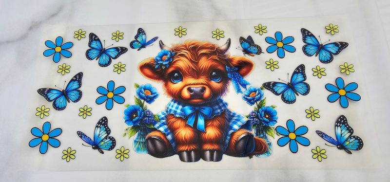 Double Sided Uv Dtf Wrap - Highland Cow &amp; Blue Butterflies