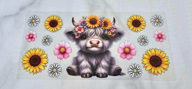 Double Sided Uv Dtf Wrap - Highland Cow Sunflowers &amp; Pink White Flowers