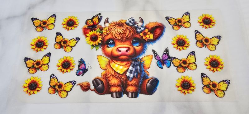 Double Sided Uv Dtf Wrap - Highland Cow &amp; Yellow Butterflies