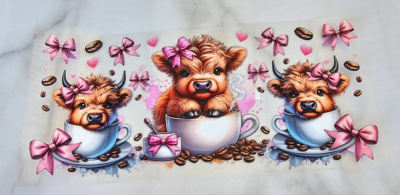 Double Sided Uv Dtf Wrap - Highland Cow On Teacup