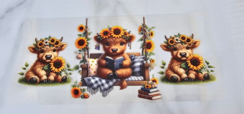 Double Sided Uv Dtf Wrap - Highland Cow On Swing Sunflowers