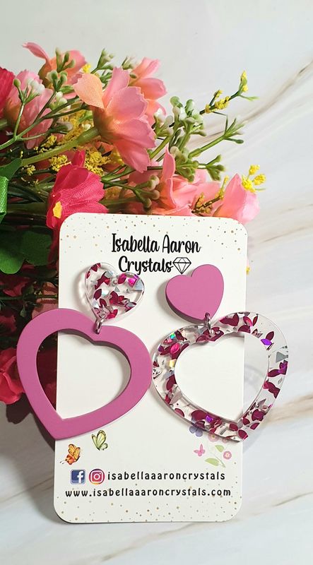 Pink &amp; Clear Heart Acrylic Earrings