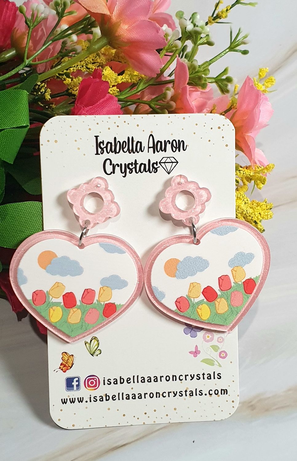 Pink Heart Tulips Acrylic Earrings