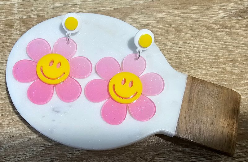 Pink Flower Smiley Acrylic Earrings