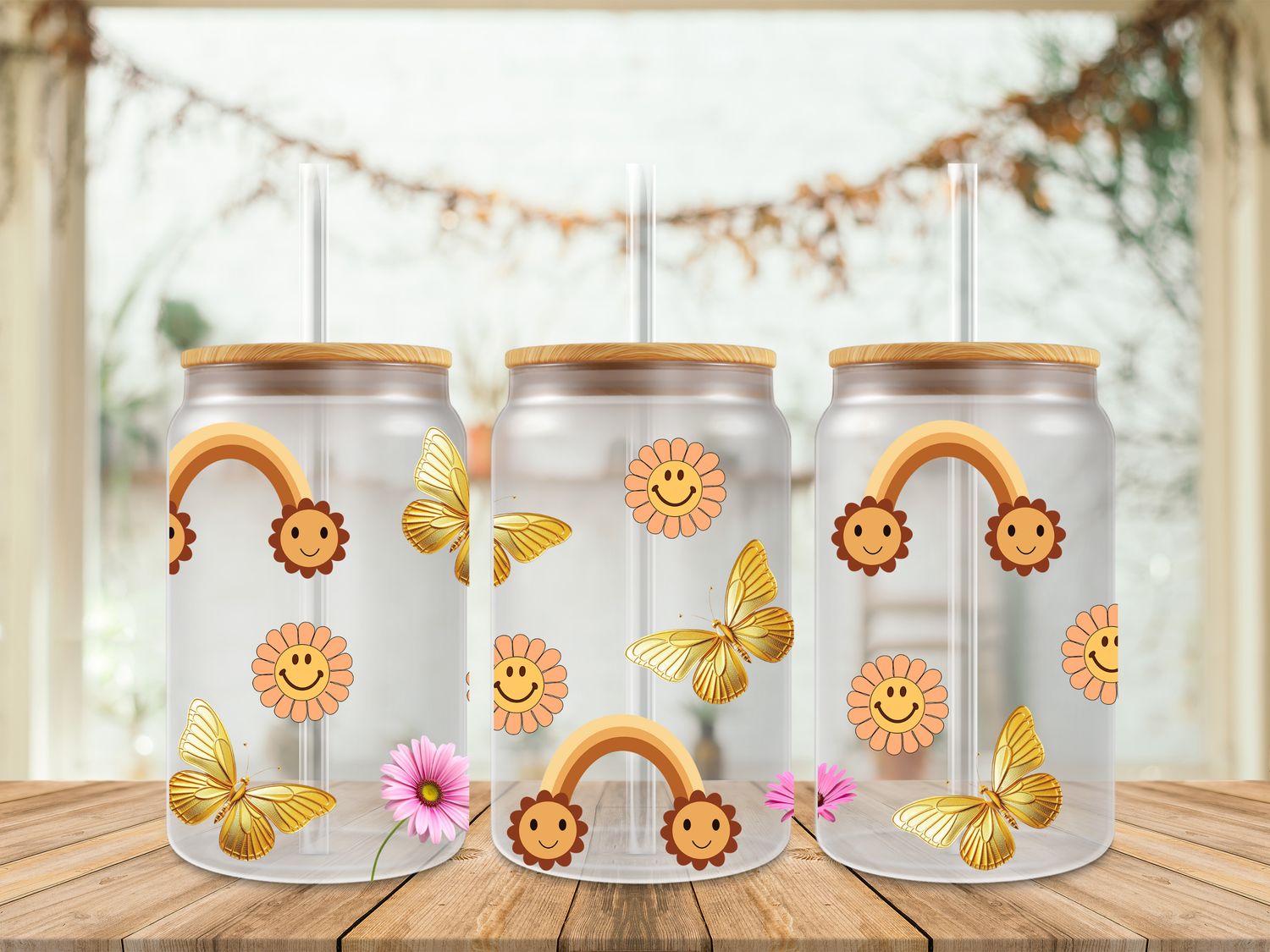 Double Sided Uv Dtf Wrap - Smiley Rainbow Butterfly