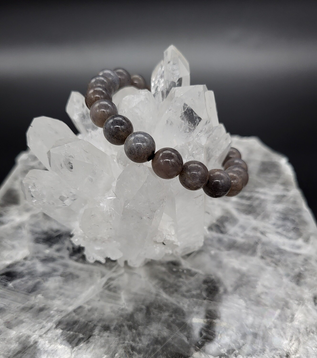 BLACK MOONSTONE BRACELET, ROUND 9.5mm BEADS