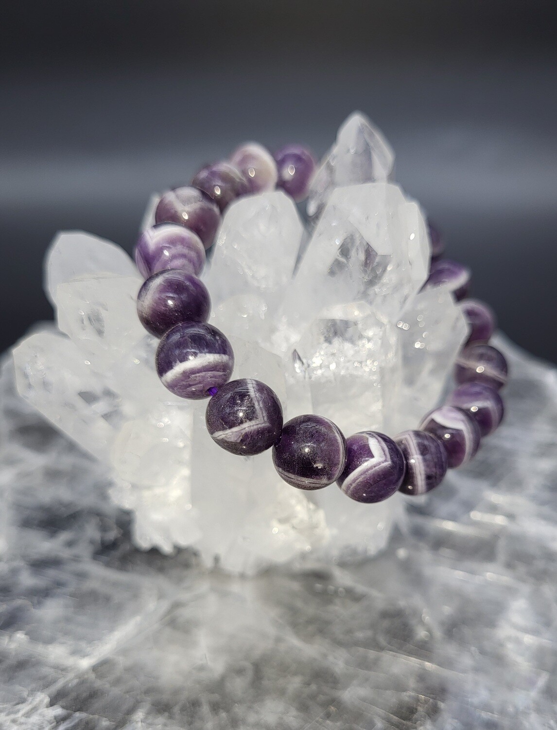 DREAM/CHEVRON AMETHYST BRACELET, ROUND 10mm BEADS