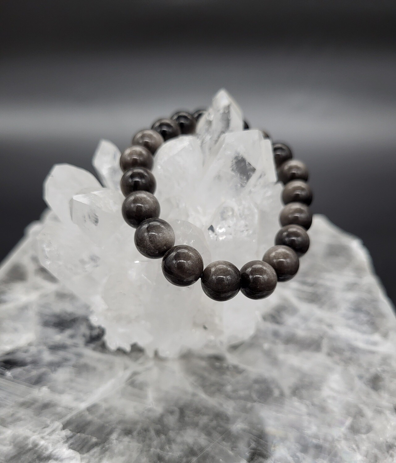 SILVER SHEEN OBSIDIAN BRACELET - ROUND 10mm BEADS