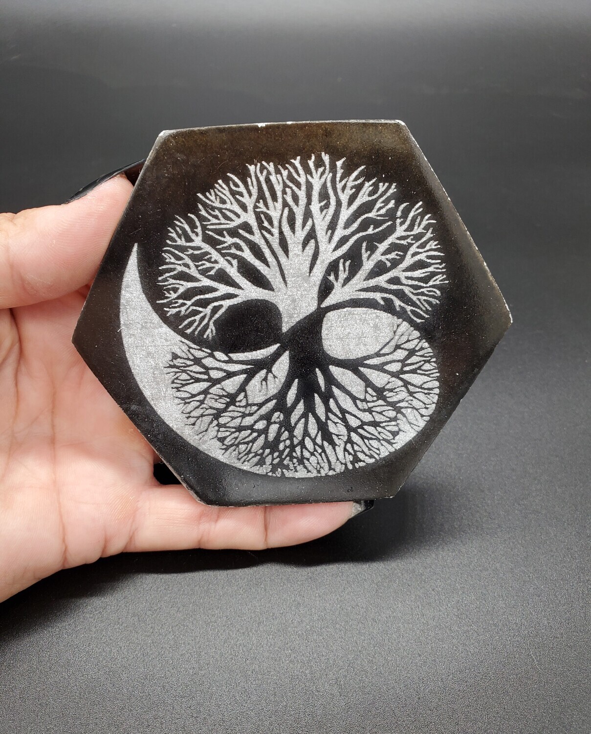 YIN YANG HEXAGONAL TREE OF LIFE SATIN SPAR PLATE