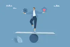 individu en équilibre sur une planche, au-dessus d&#39;une sphère, cherchant à équilibrer les secteurs de sa vie : amour, travail