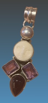 Mystic Full Moon Face Pendant with Amethyst in Sterling Silver