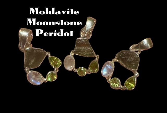 Moldavite, Moonstone, Peridot Pendant