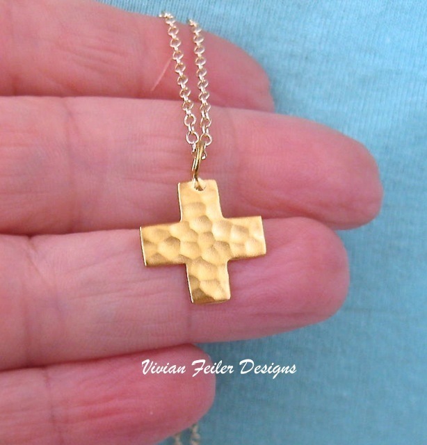 Cross Necklace Square 24K Gold over SS Hammered Teresa Giudice RHONJ