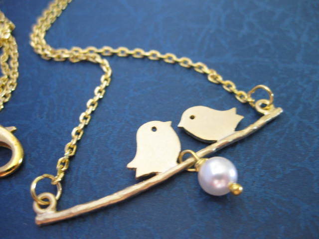 Gold LOVE BIRDS Necklace Pearl on a Branch Expecting Mom