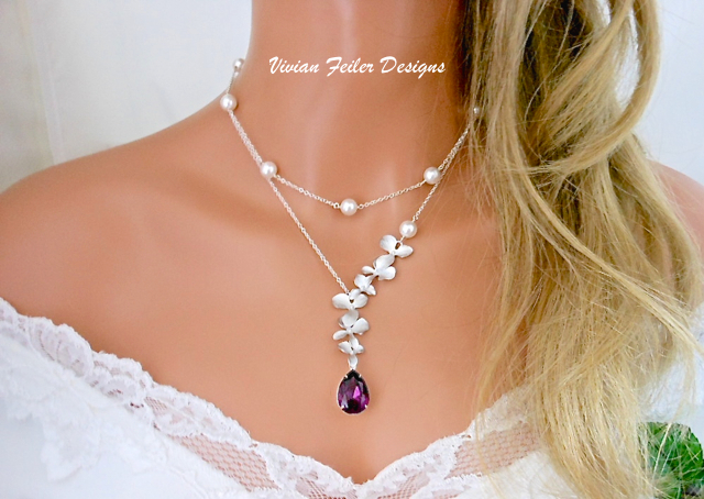 Purple Wedding Jewelry Necklace Orchid Flower Pearl Double Strand