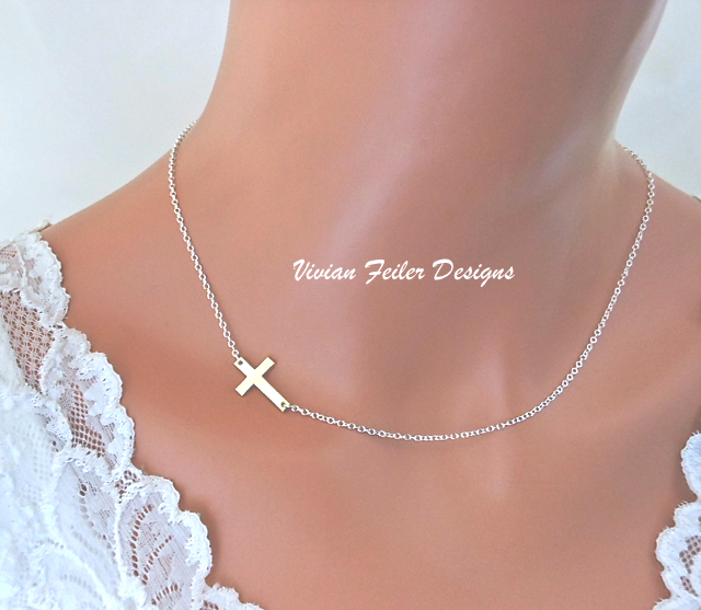 Side Cross Necklace Gold Cross Sterling Silver Chain Sideways