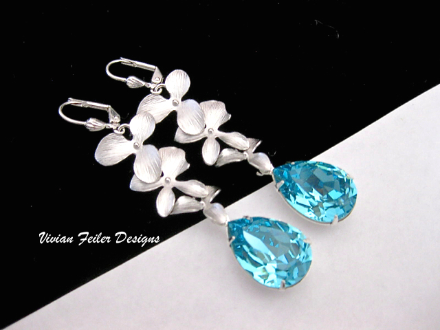 Teal Blue Earrings Orchid Flower Tiffany Blue Wedding Jewelry Br