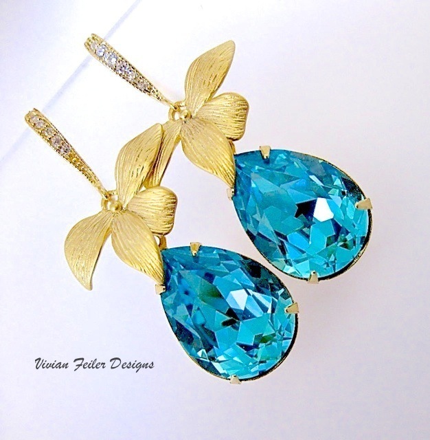 Tiffany Blue Earrings GOLD Teal Wedding Jewelry Orchid Flower Br