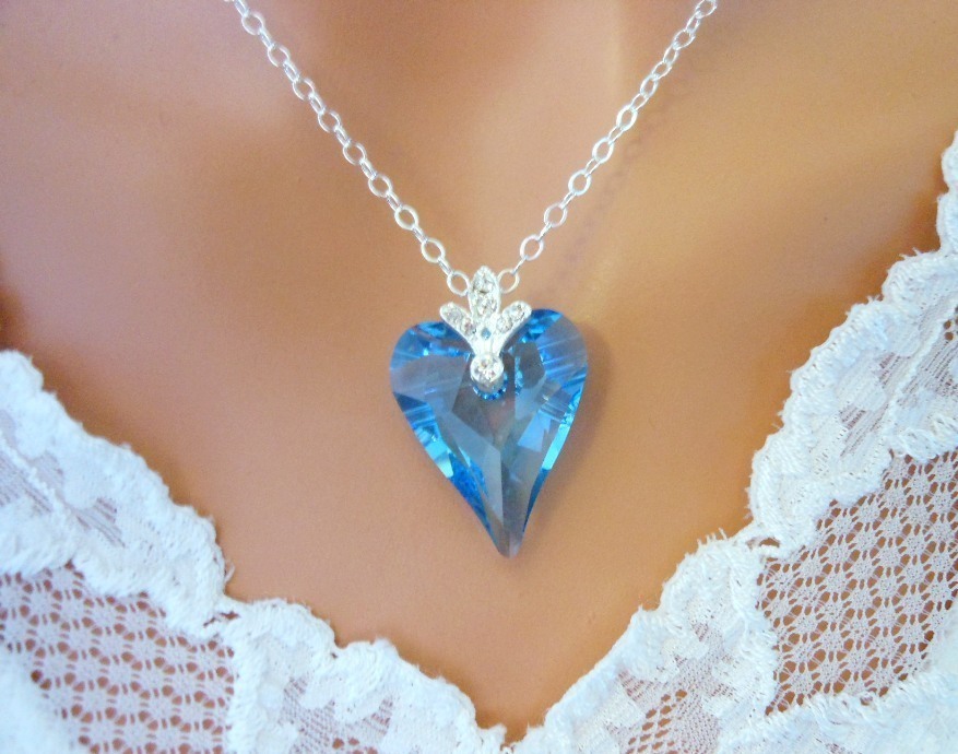 Heart NECKLACE Aquamarine Necklace Swarovski Crystal Sterling Silver