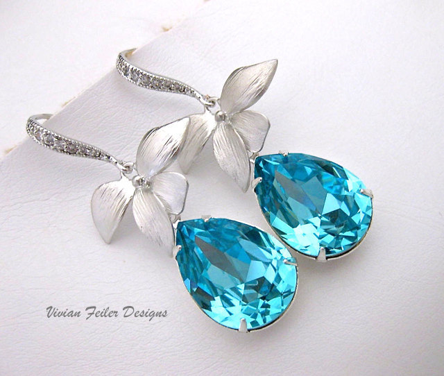 Orchid Earrings AQUA Blue CZ Wedding Jewelry Leaf Flower Bridal Bridesmaids Prom Mother of the Bride