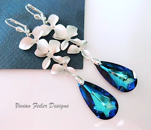 Blue Earrings BERMUDA Blue Silver ORCHIDs Peacock Wedding Bridal