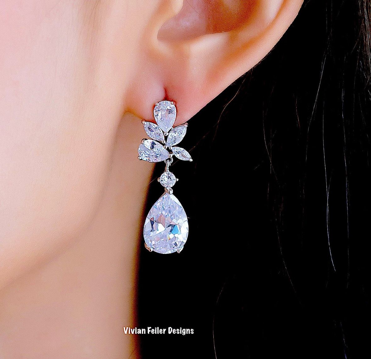 BRIDAL Earrings Wedding Earrings Teardrop DIAMONDS Vine Sparkly Jewelry Cubic Zirconia Water Drop