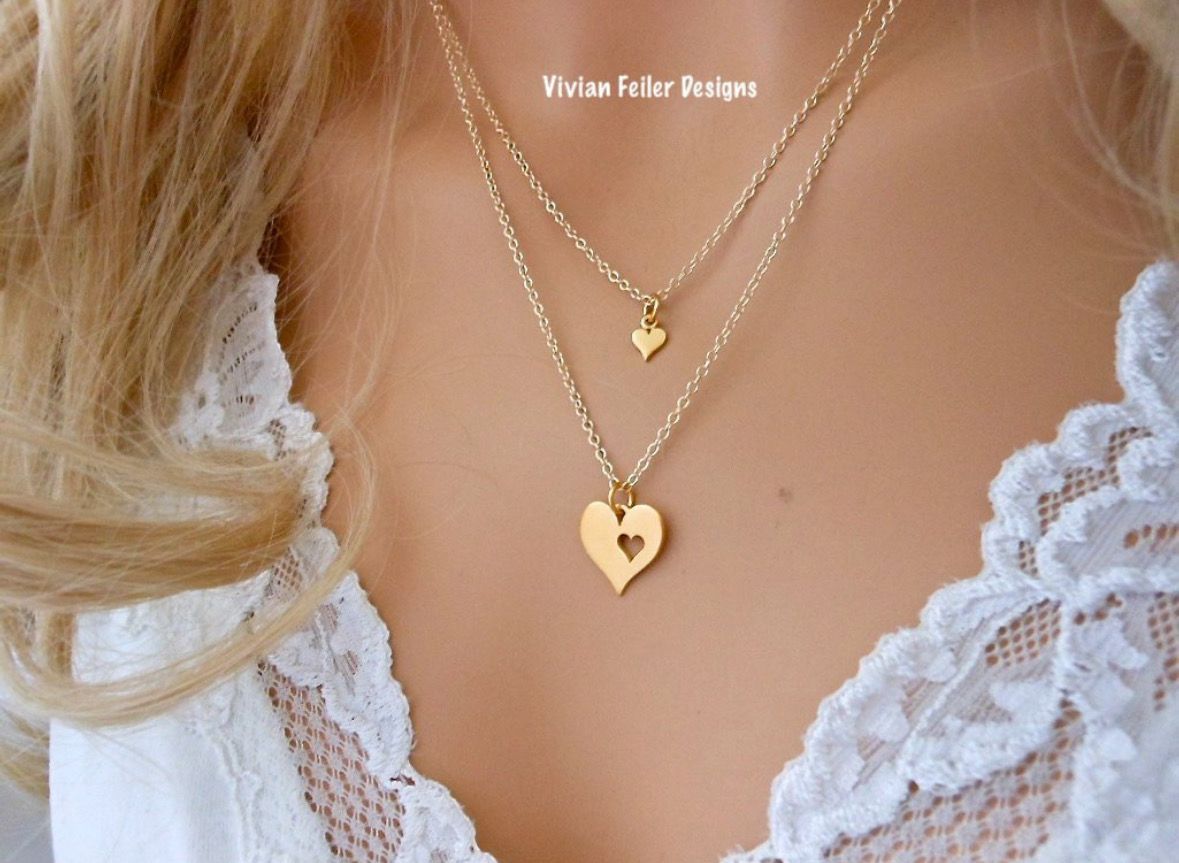 Mother Daughter Necklace Set 24K Gold over SS 2 Necklaces 14K Gold fill Two Hearts Mother&#39;s Day Gift Christmas Gift