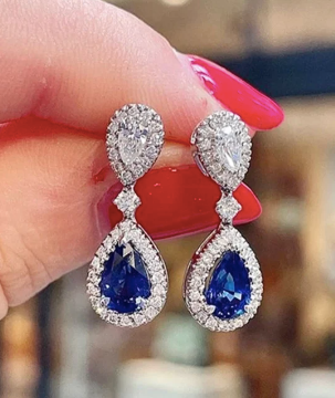 Bridal BLUE Sapphire Earrings Teardrop SPARKLY Vintage Style Luxury Cubic Zirconia Fancy Pageant Earrings Wedding Jewelry