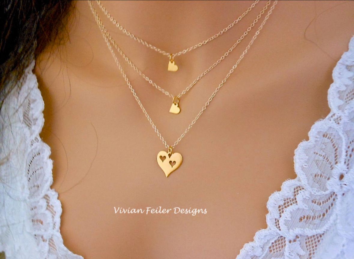 Mother Daughter Jewelry Set 3 NECKLACES 14K GOLD Filled or Sterling Silver Three Hearts Mother&#39;s Day Gift  Christmas Gift