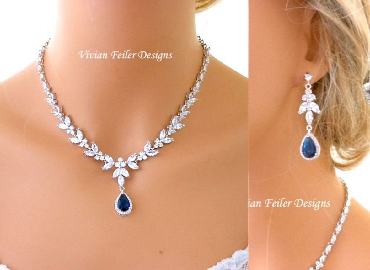 Blue Sapphire Jewelry Set Necklace and Earrings Blue Wedding SILVER, GOLD or ROSE GOLD Cubic Zirconia Mother of the Bride