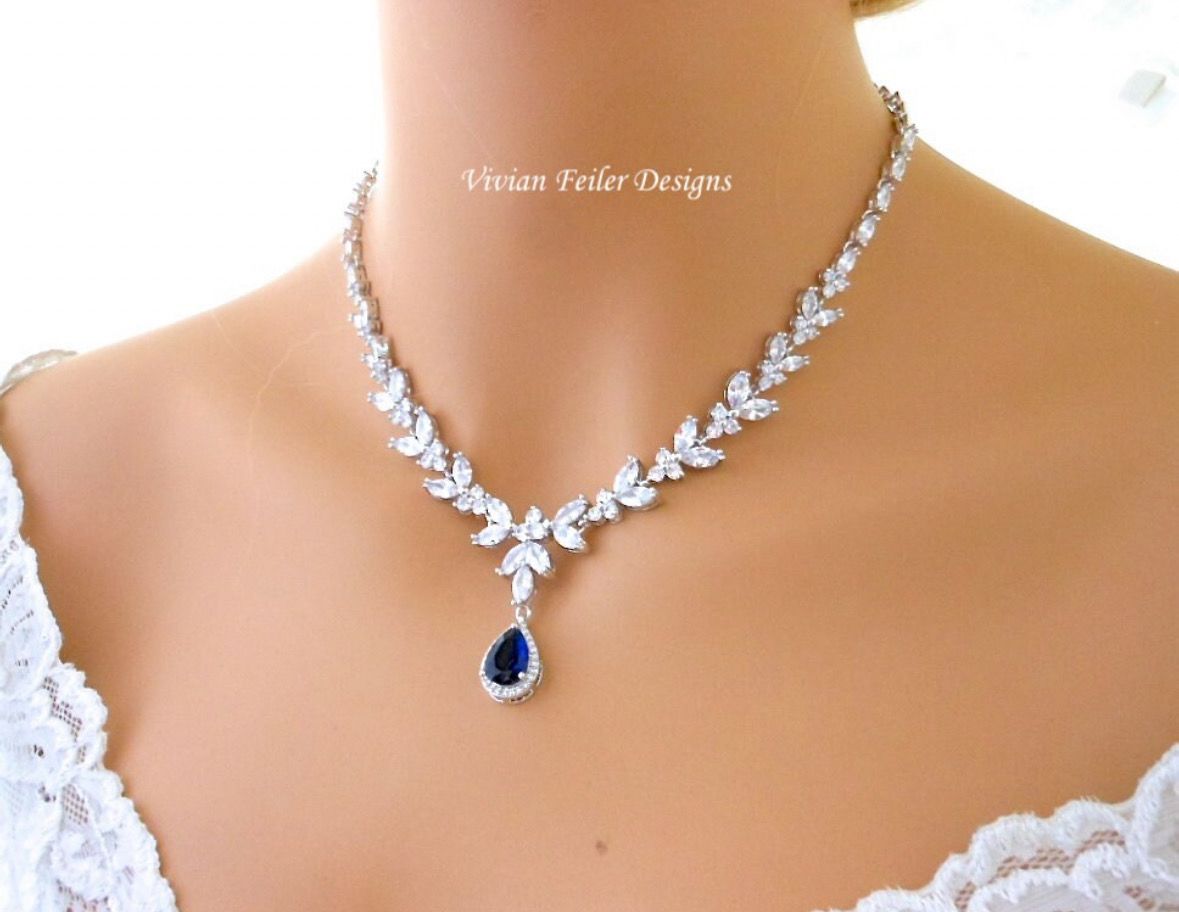 Blue Sapphire Jewelry Set Necklace and Earrings Blue Wedding SILVER, GOLD or ROSE GOLD Cubic Zirconia Mother of the Bride