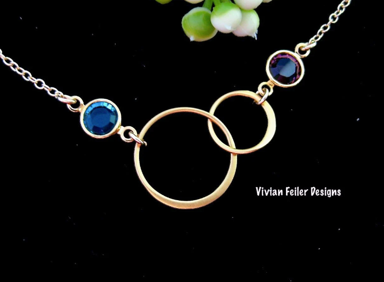 Mother Daughter Necklace w/Birthstones Minimalist Sterling Silver Two Circle Necklace