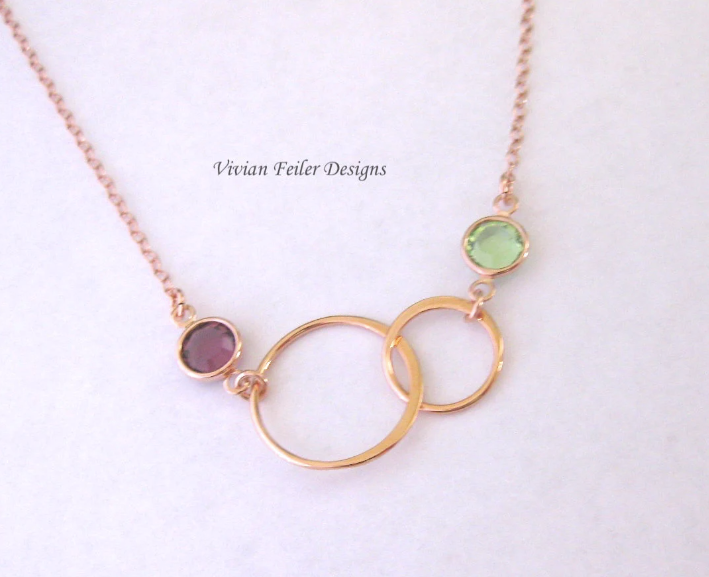 Mother Daughter Jewelry Birthstones ROSE GOLD Two Circle Minimalist Infinity Necklace Link Necklace Mom Jewelry Mother Day Gift