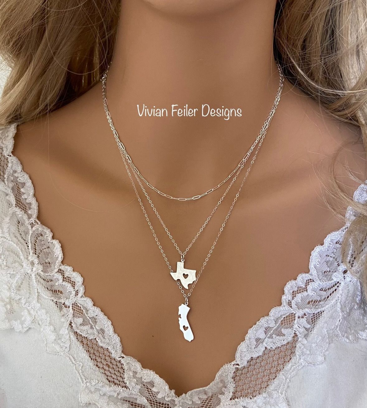 TEXAS or California Necklace Heart Cutout minimalist necklace Sterling Silver Christmas, Mother, friend, Graduation Gift Bridal Shower Gift