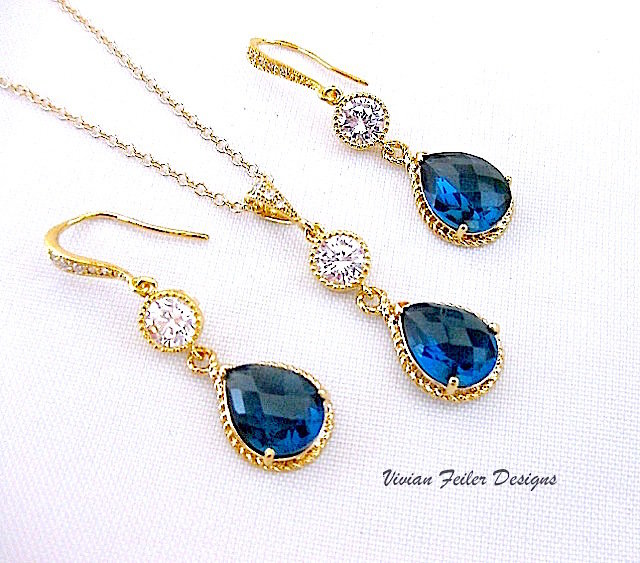 Sapphire Blue Bridal SET GOLD Necklace Earrings Wedding Jewelry