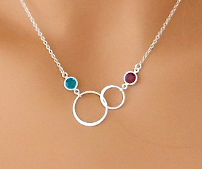 Mother Daughter Necklace w/Birthstones Minimalist Sterling Silver Two Circle Necklace