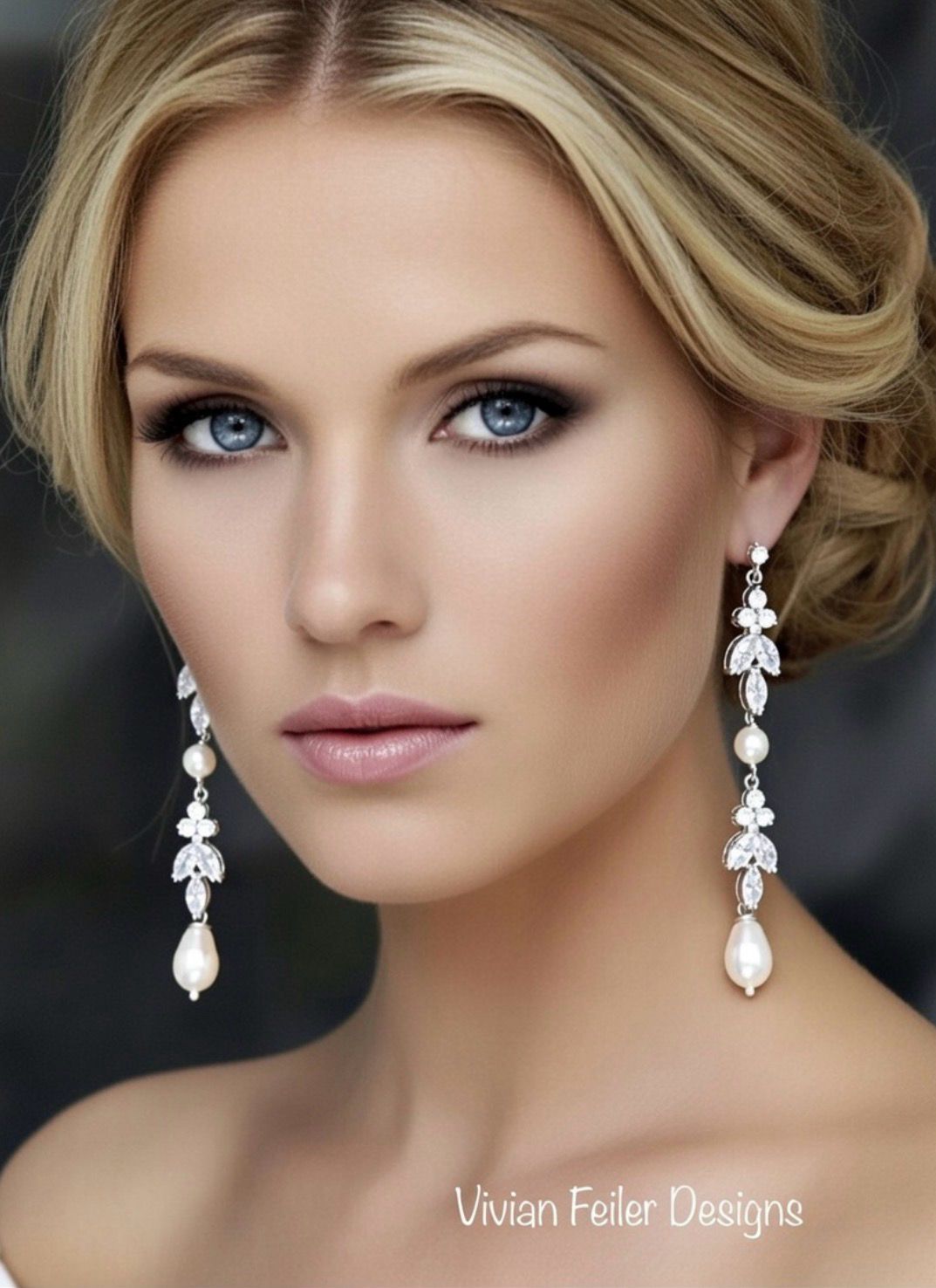 Bridal Pearl Earrings Long Teardrop Cubic Zirconia Available in Silver, Rose Gold and Gold