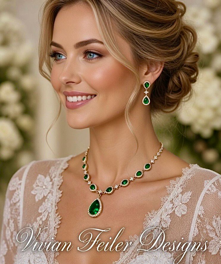 Emerald Green Gold Necklace Earrings Set Wedding Bridal Jewelry Set CZ Mother of the Bride