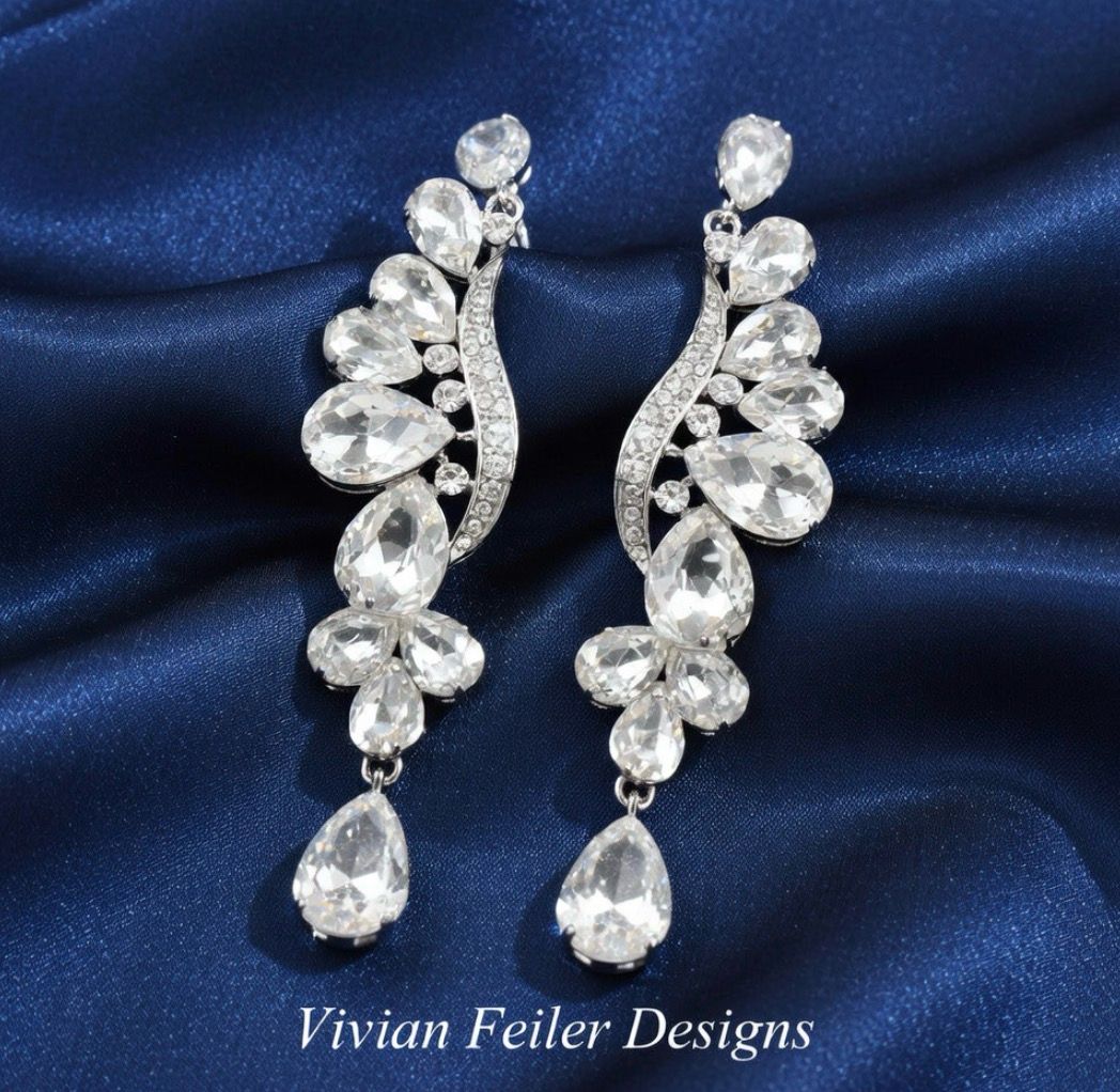 Crystal Earrings Long Wedding Bridal Pageant Jewlery
