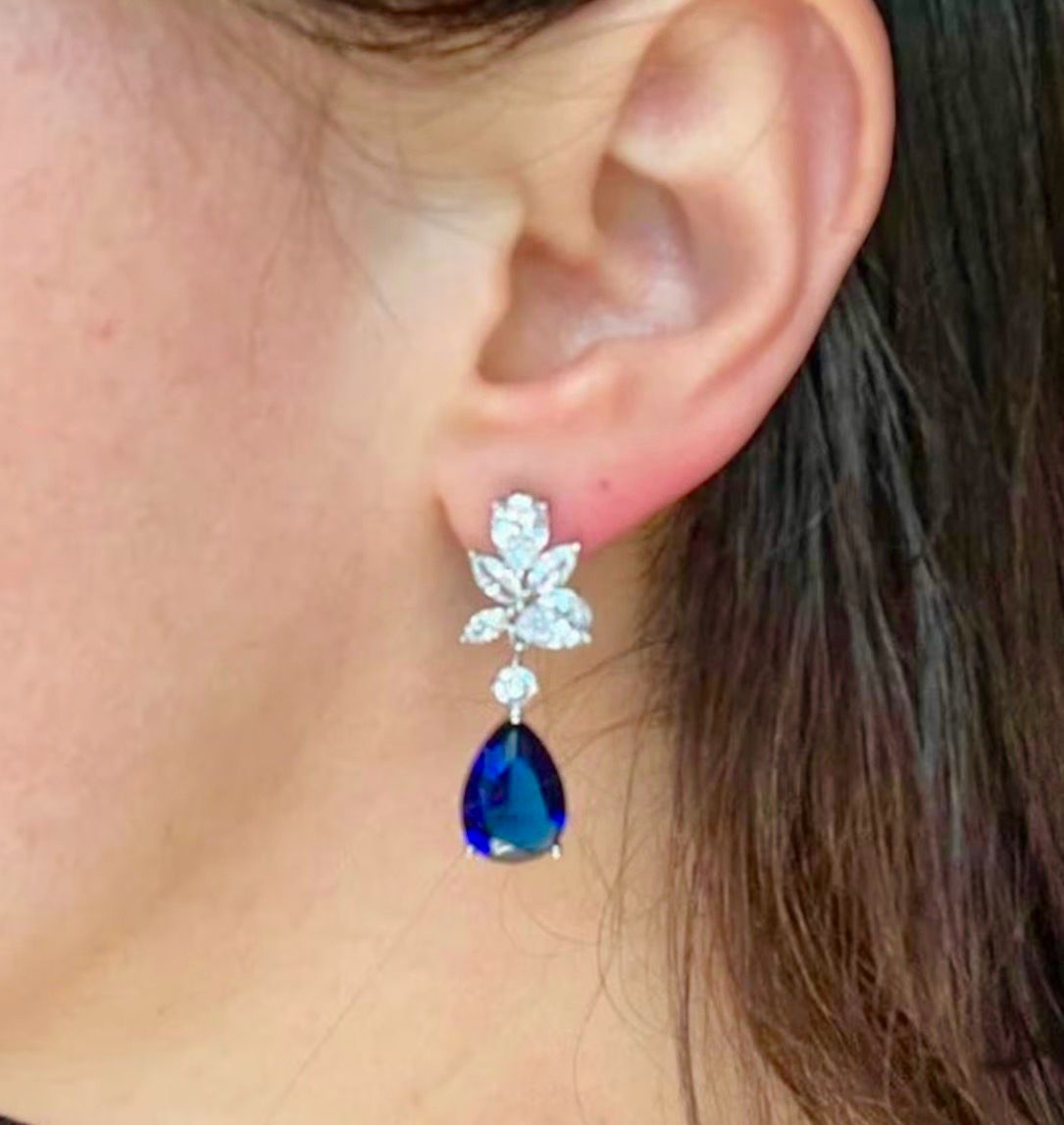 Blue Sapphire BRIDAL Earrings Wedding Earrings Teardrop Vine Sparkly Jewelry Cubic Zirconia Water Drop