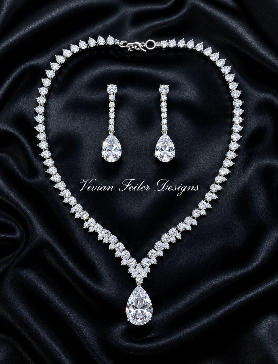 Bridal Crystal Jewelry Set Teardrop Necklace and Earrings CZ Wedding Prom Party