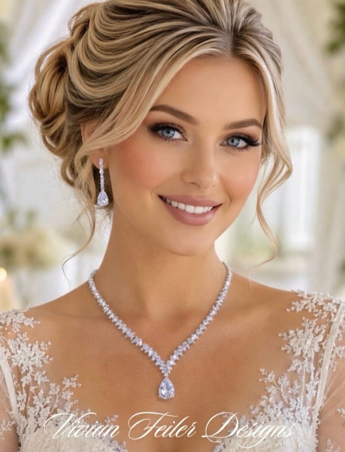 Bridal Crystal Jewelry Set Teardrop Necklace and Earrings CZ Wedding Prom Party