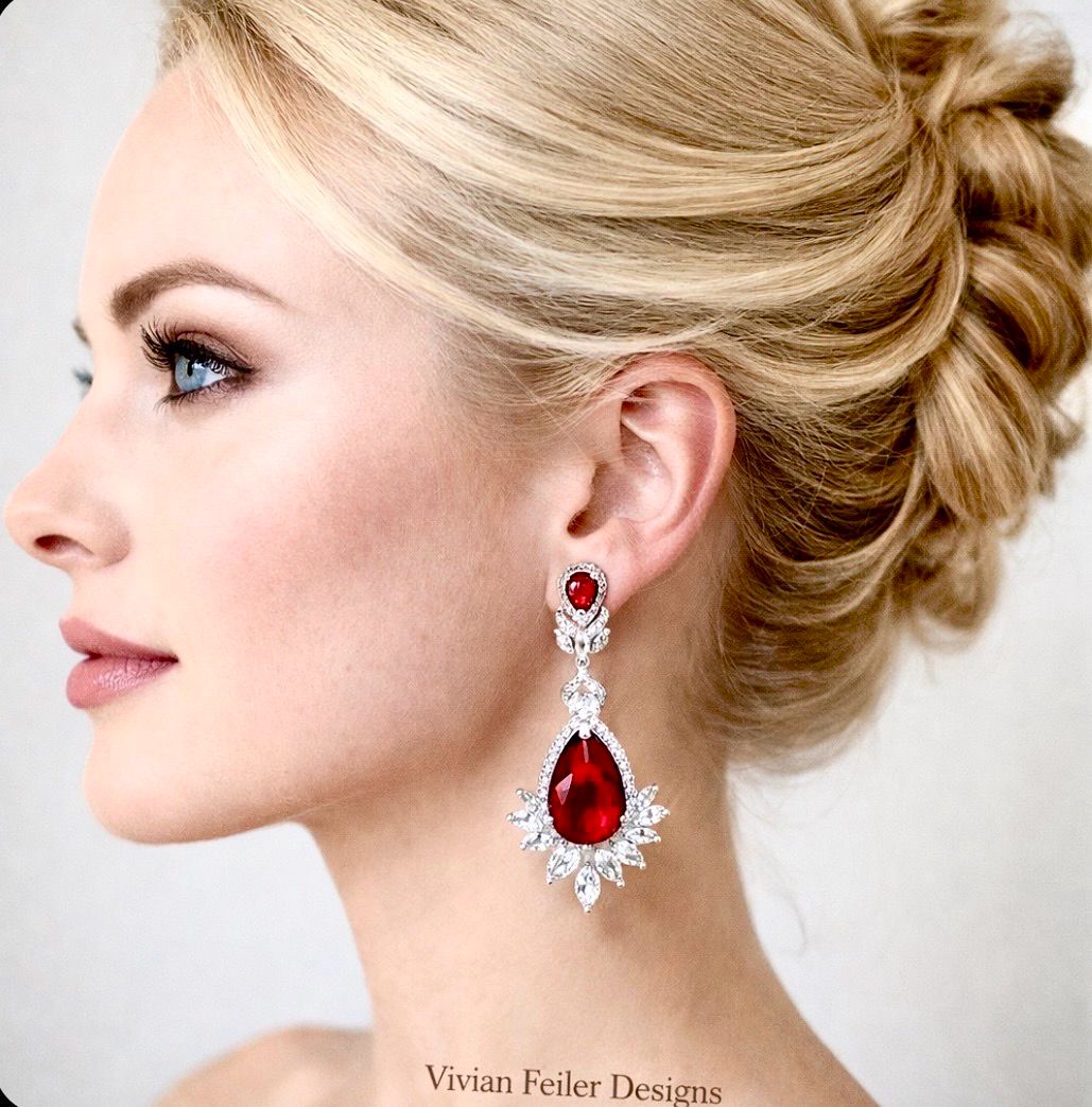 Red Earrings CZ Wedding Bridal Prom Pageant Statement