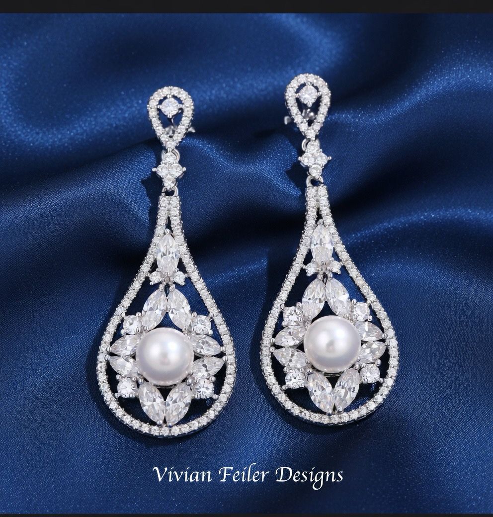 Bridal PEARL Earrings GOLD or Silver WEDDING Earrings VINTAGE Style Cubic Zirconia Dangle Bling Prom