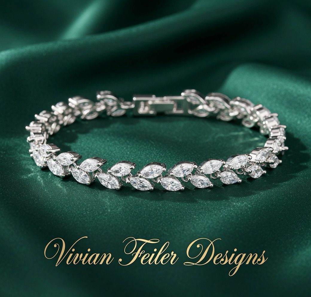 Bridal Tennis Bracelet Wedding Marquis Cut Leaf Vine CZ Silver, Gold, Rose Gold